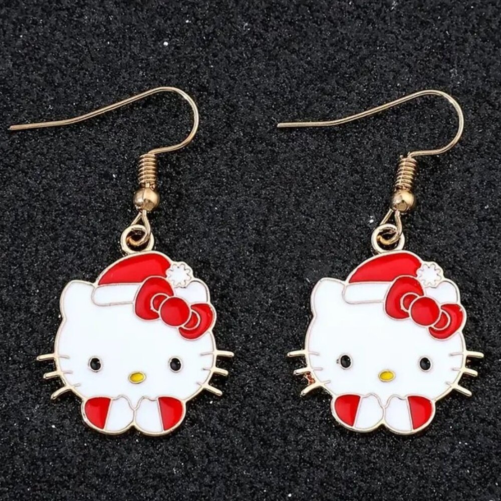 Hello Kitty Santa Earrings Enamel Sanrio Dangle Gold Goth Emo Scene Gift Holiday